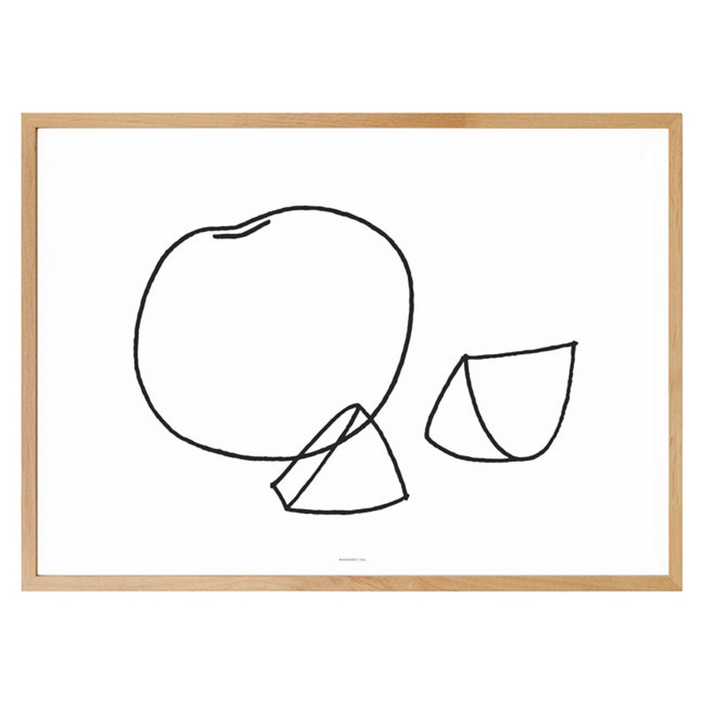 In Holz gerahmter Kunstdruck Fruit von Warmgreytail, Korea mit Line Drawing einer Frucht im Ganzen und geschnitten.